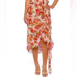 MISA Los Angeles Floral Wrap Midi Skirt Ruffle Asymmetrical XS